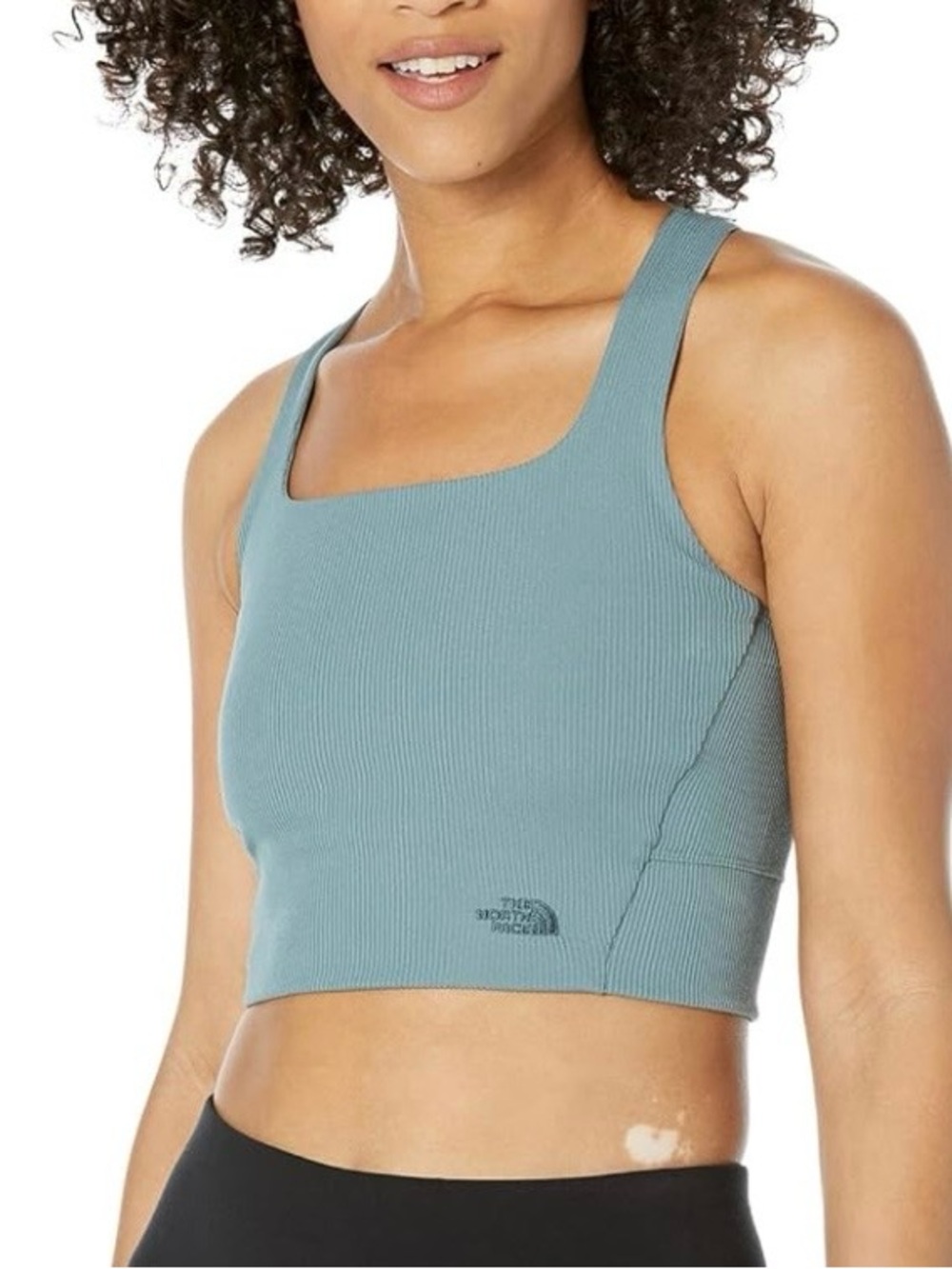 The North Face Ribbed Square-Neck Crop Sports Bra — Dusty Blue size s